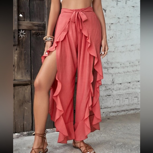 Boho Ruffle Slit Thigh Belted Wide Leg Pants - Picture 4 of 6